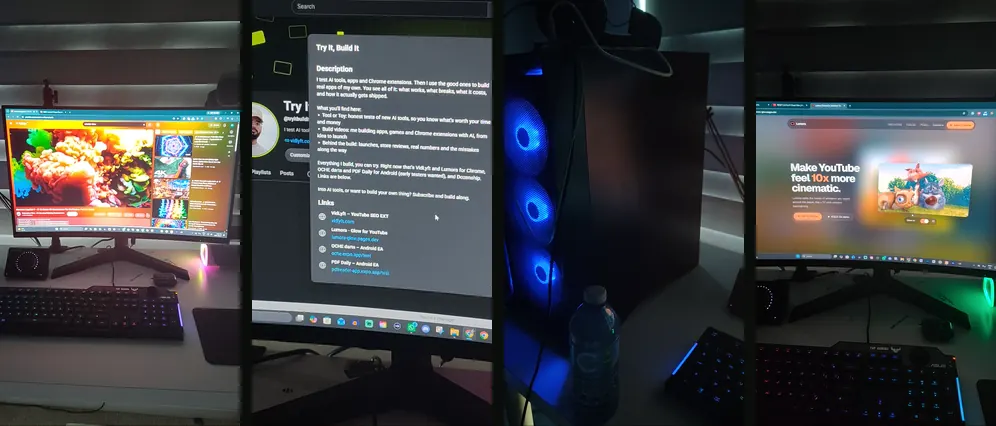 One frame from each of the 4 raw clips: dark, unedited footage of a desk setup, a YouTube About panel and a PC case